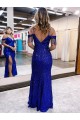 Outlet Bleu roi Fourreau Bretelles spaghetti Col V Paillettes Velours Longue Robes de bal