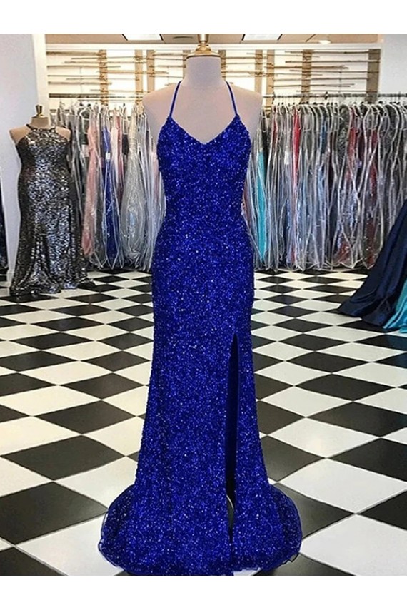 Outlet Bleu roi Fourreau Col V Balayage train Paillettes Velours Longue Robes de bal