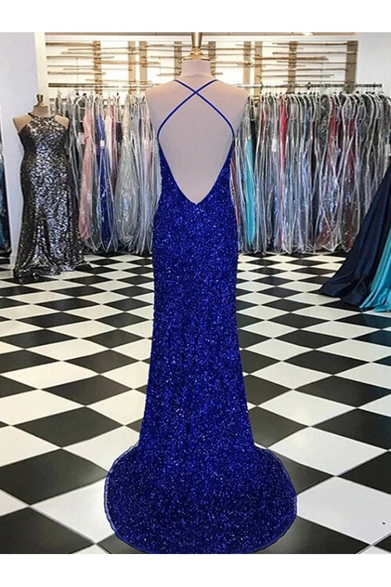 Outlet Bleu roi Fourreau Col V Balayage train Paillettes Velours Longue Robes de bal