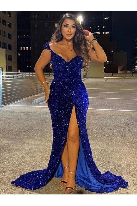 Outlet Bleu roi Fourreau Col V Balayage train Paillettes Velours Longue Robes de bal