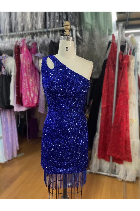 Outlet Bleu roi Fourreau Courte Paillettes Velours Courte Robes de bal