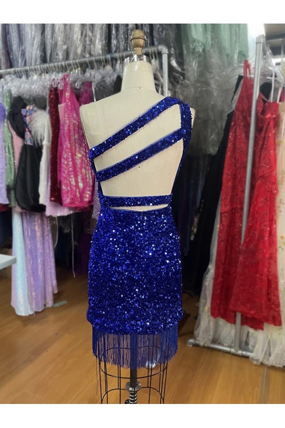 Outlet Bleu roi Fourreau Courte Paillettes Velours Courte Robes de bal