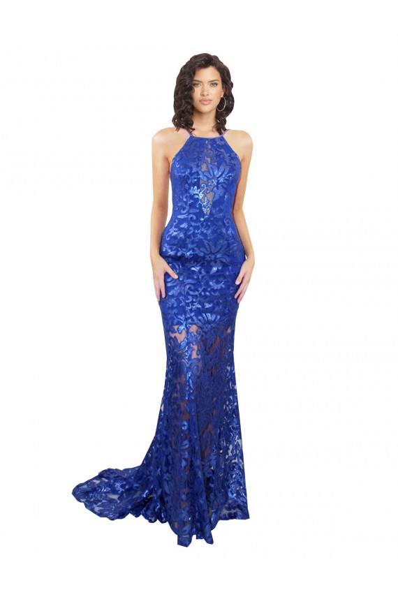 Outlet Bleu roi Sirène Col Haut Dentelle Longue Robes demoiselle d'honneur / Robes de bal