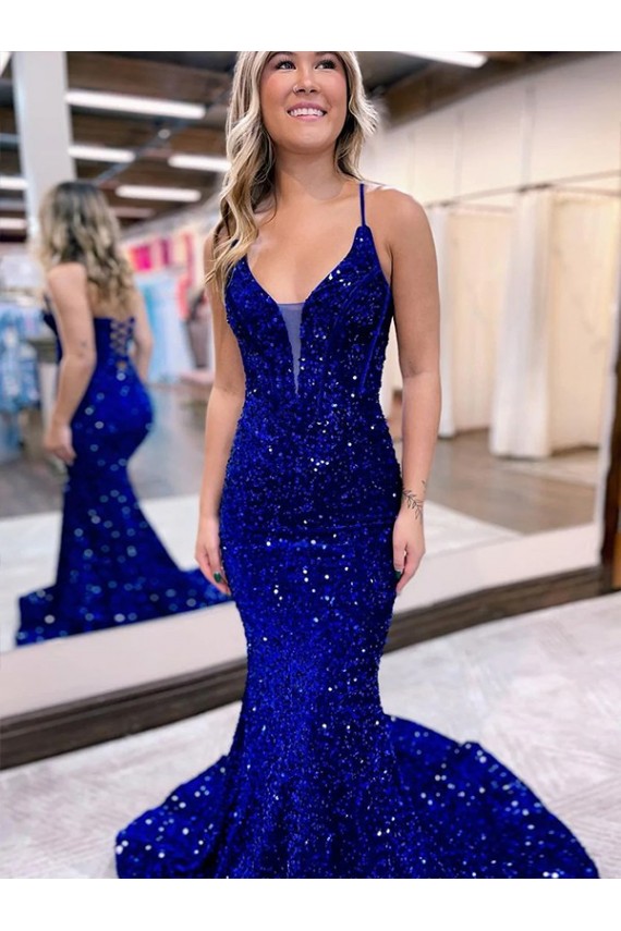 Outlet Bleu roi Sirène Col V Traîne moyenne Paillettes Velours Longue Robes de bal