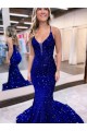 Outlet Bleu roi Sirène Col V Traîne moyenne Paillettes Velours Longue Robes de bal