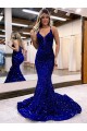 Outlet Bleu roi Sirène Col V Traîne moyenne Paillettes Velours Longue Robes de bal