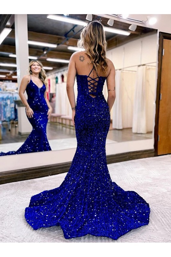Outlet Bleu roi Sirène Col V Traîne moyenne Paillettes Velours Longue Robes de bal