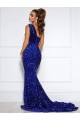 Outlet Bleu roi Sirène Traîne moyenne Paillettes Velours Longue Robes de bal