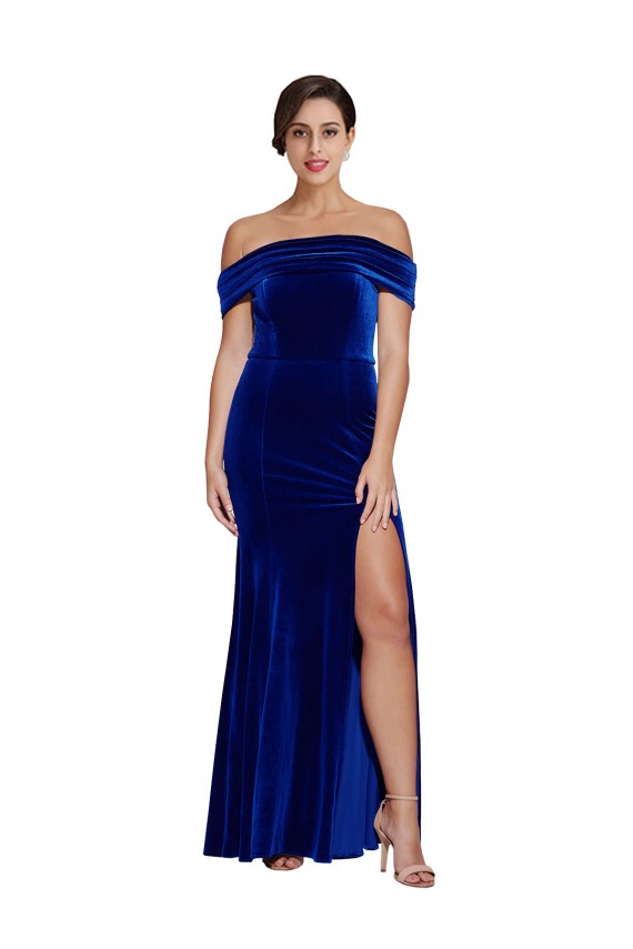 Outlet Bleu roi Sirène Épaule Dénudée Velours Stretch Longue Formelles Robes demoiselle d'honneur / Robes de soirée / Robes de bal