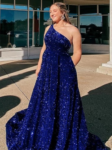 Outlet Bleu roi Trapèze Balayage train Paillettes Velours Longue Robes de bal