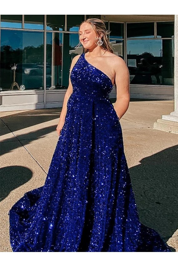 Outlet Bleu roi Trapèze Balayage train Paillettes Velours Longue Robes de bal
