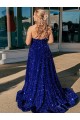 Outlet Bleu roi Trapèze Balayage train Paillettes Velours Longue Robes de bal