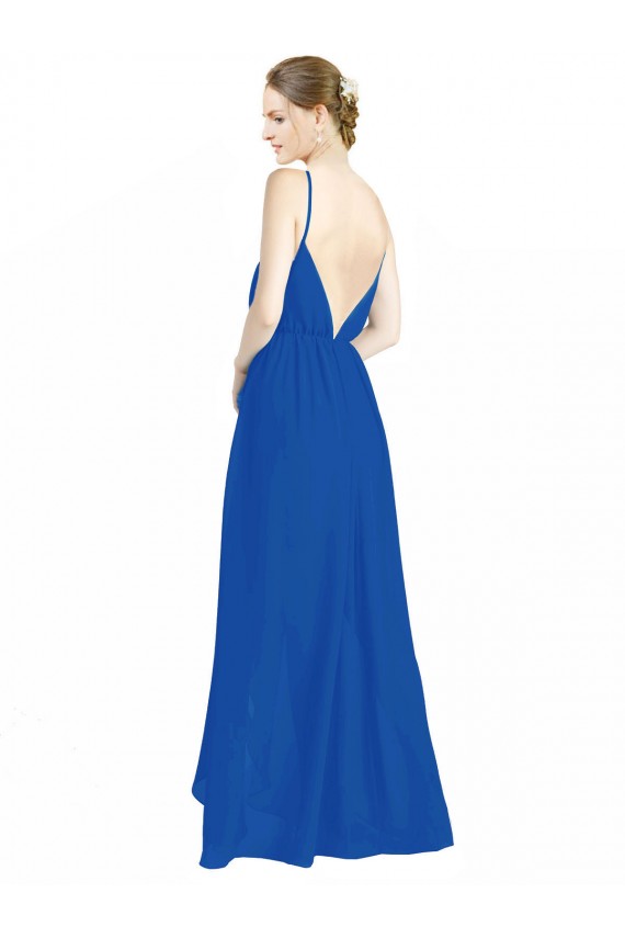 Outlet Bleu roi Trapèze Bretelles spaghetti Col V Mousseline Longue Robes demoiselle d'honneur