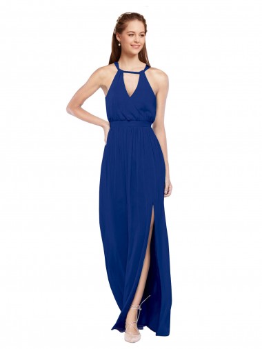 Outlet Bleu roi Trapèze Col Haut Mousseline Longue Robes demoiselle d'honneur