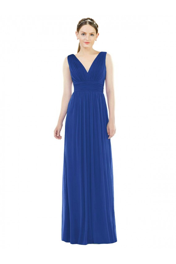 Outlet Bleu roi Trapèze Col V Mousseline Longue Robes demoiselle d'honneur