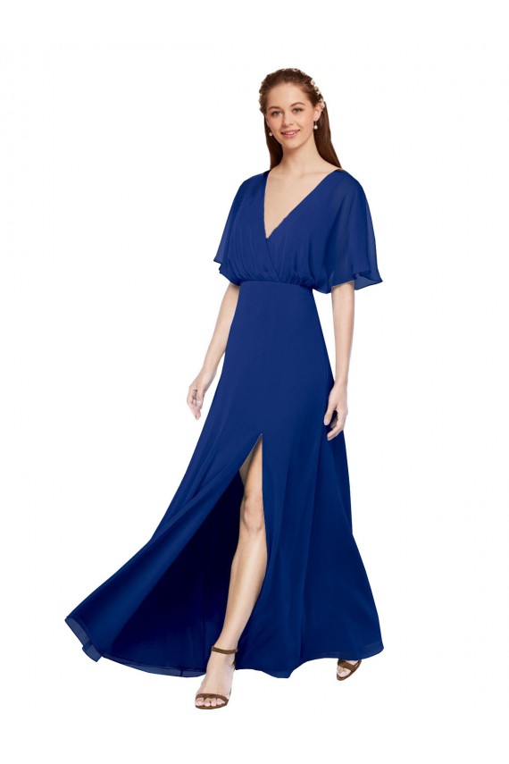 Outlet Bleu roi Trapèze Col V Mousseline Longue Robes demoiselle d'honneur