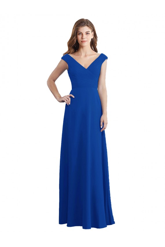 Outlet Bleu roi Trapèze Col V Mousseline Longue Robes demoiselle d'honneur
