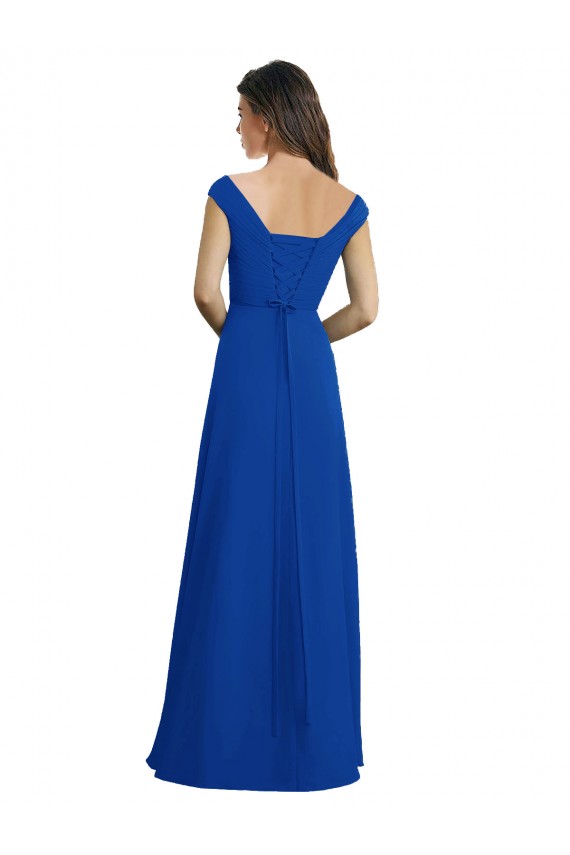 Outlet Bleu roi Trapèze Col V Mousseline Longue Robes demoiselle d'honneur
