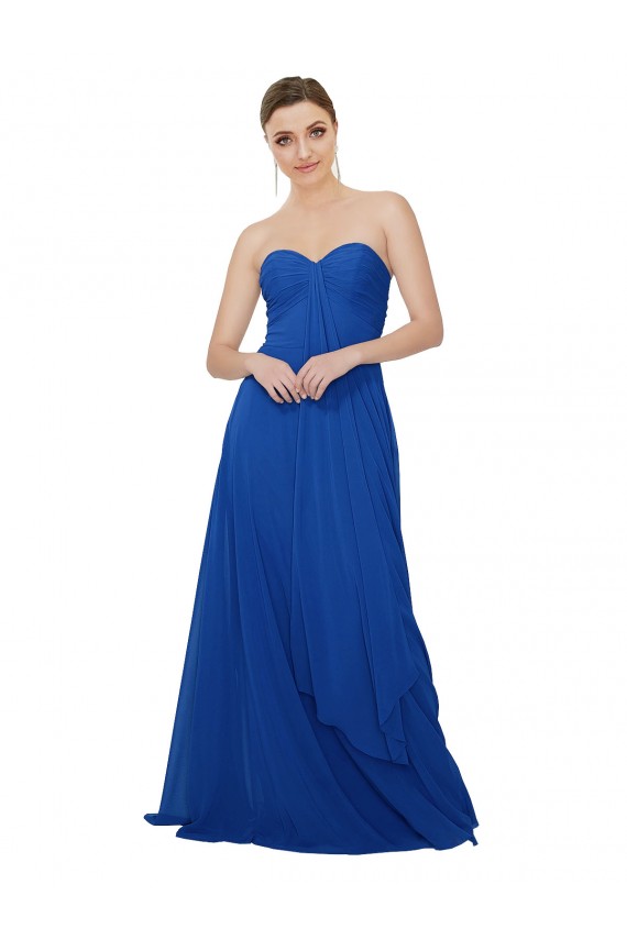 Outlet Bleu roi Trapèze Sans bretelle Mousseline Longue Robes demoiselle d'honneur