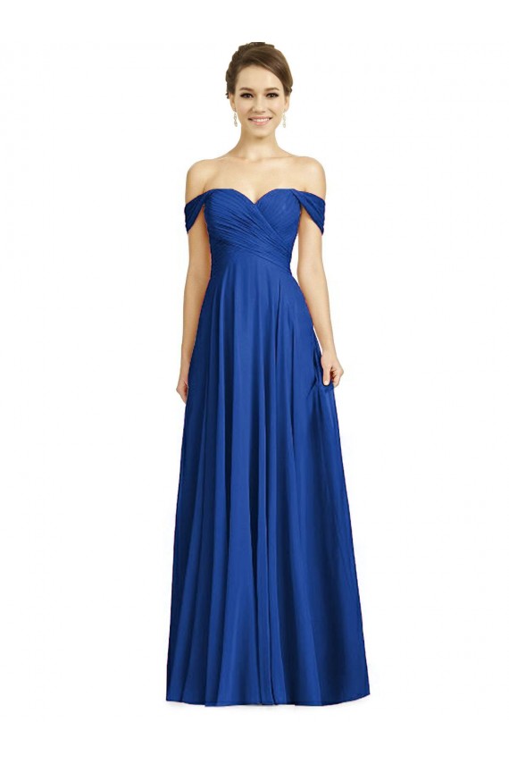 Outlet Bleu roi Trapèze Épaule Dénudée Mousseline Longue Robes demoiselle d'honneur