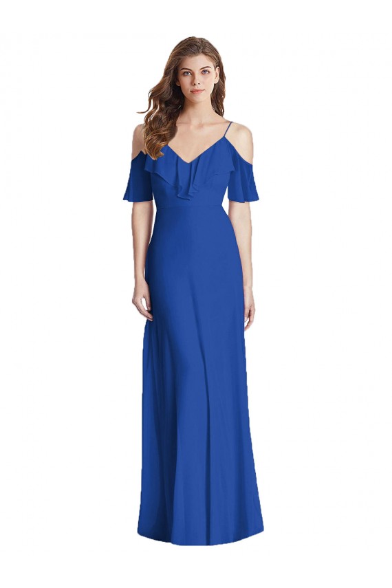 Outlet Bleu roi Trompette Bretelles spaghetti Col V Mousseline Longue Robes demoiselle d'honneur