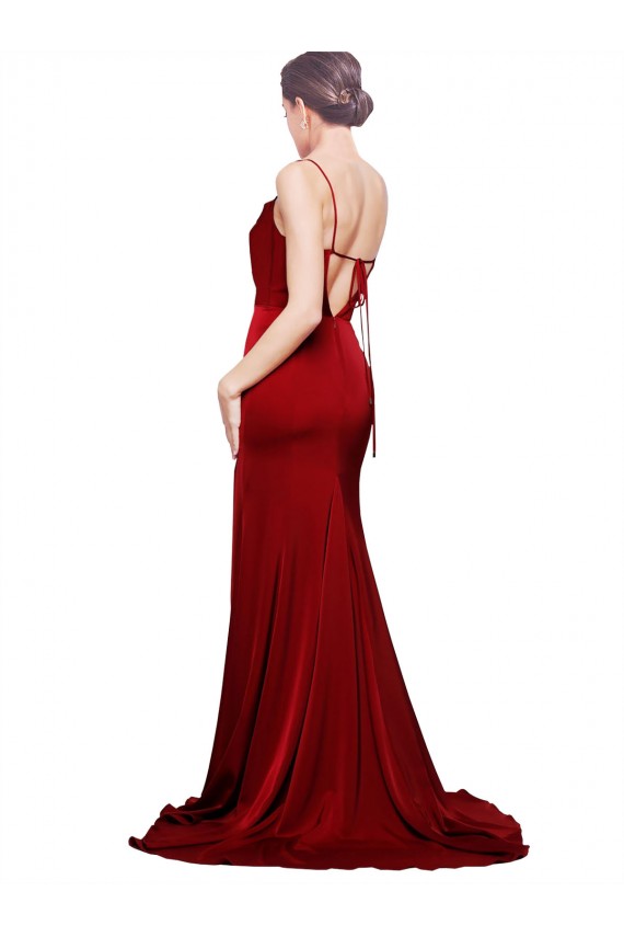 Outlet Bordeaux Fourreau Bretelles spaghetti Balayage train Satiné Stretch Longue Formelles Robes demoiselle d'honneur / Robes de soirée / Robes de bal