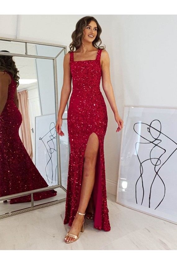 Outlet Bordeaux Fourreau Col Carré Paillettes Velours Longue Robes de bal