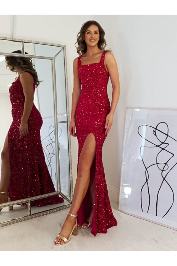 Outlet Bordeaux Fourreau Col Carré Paillettes Velours Longue Robes de bal