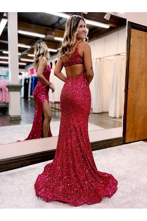 Outlet Bordeaux Sirène Balayage train Paillettes Velours Longue Robes de bal
