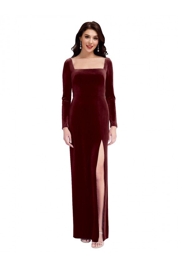 Outlet Bordeaux Trapèze Bretelles spaghetti Col Carré Velours Stretch Longue Robes demoiselle d'honneur / Robes de bal