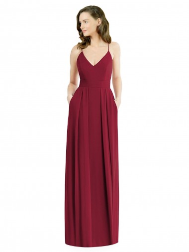 Outlet Bordeaux Trapèze Bretelles spaghetti Col V Mousseline Longue Robes demoiselle d'honneur