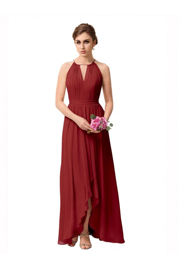 Outlet Bordeaux Trapèze Col Haut Mousseline Longue Asymétrique Robes demoiselle d'honneur
