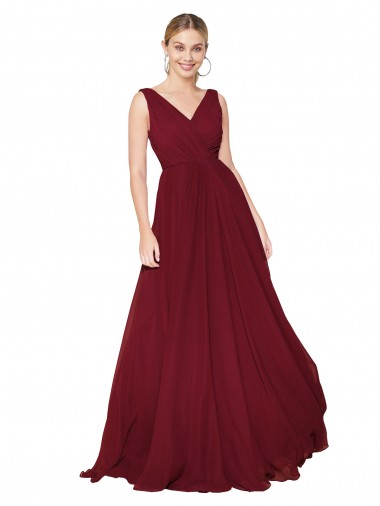 Outlet Bordeaux Trapèze Col V Mousseline Longue Formelles Robes demoiselle d'honneur / Robes de soirée / Robes de bal