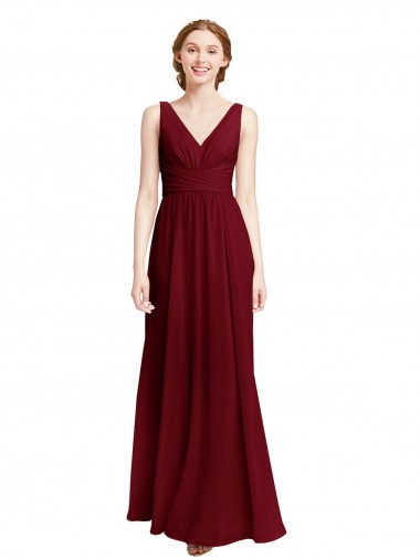 Outlet Bordeaux Trapèze Col V Mousseline Longue Robes demoiselle d'honneur