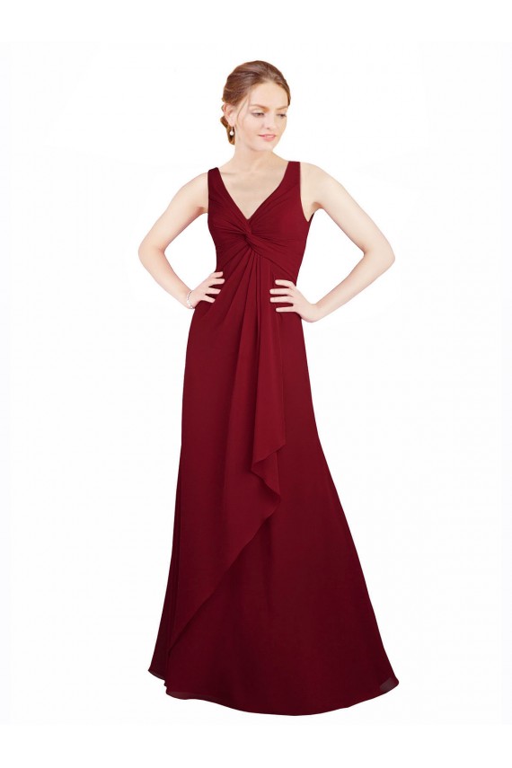 Outlet Bordeaux Trapèze Col V Mousseline Longue Robes demoiselle d'honneur