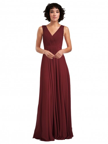 Outlet Bordeaux Trapèze Col V Mousseline Longue Robes demoiselle d'honneur