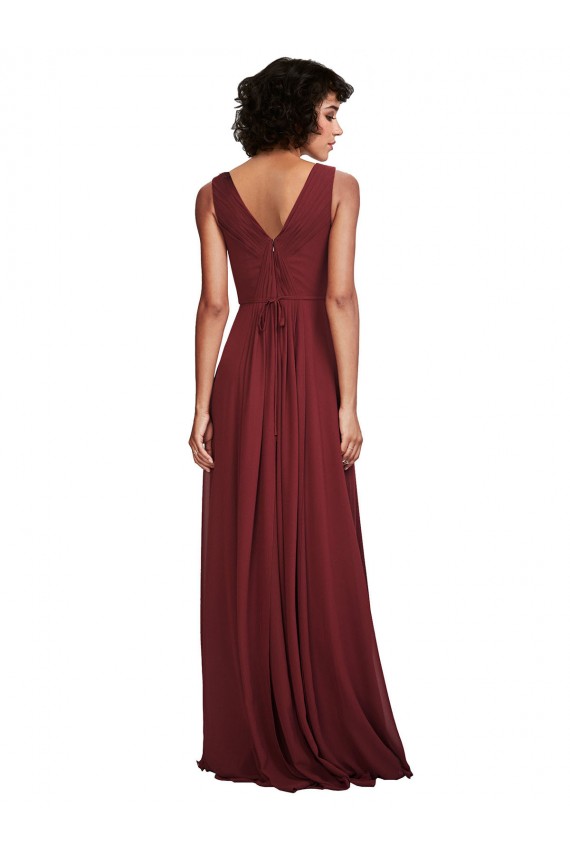 Outlet Bordeaux Trapèze Col V Mousseline Longue Robes demoiselle d'honneur