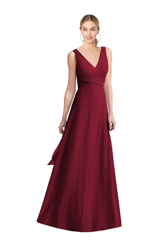 Outlet Bordeaux Trapèze Col V Mousseline Longue Robes demoiselle d'honneur