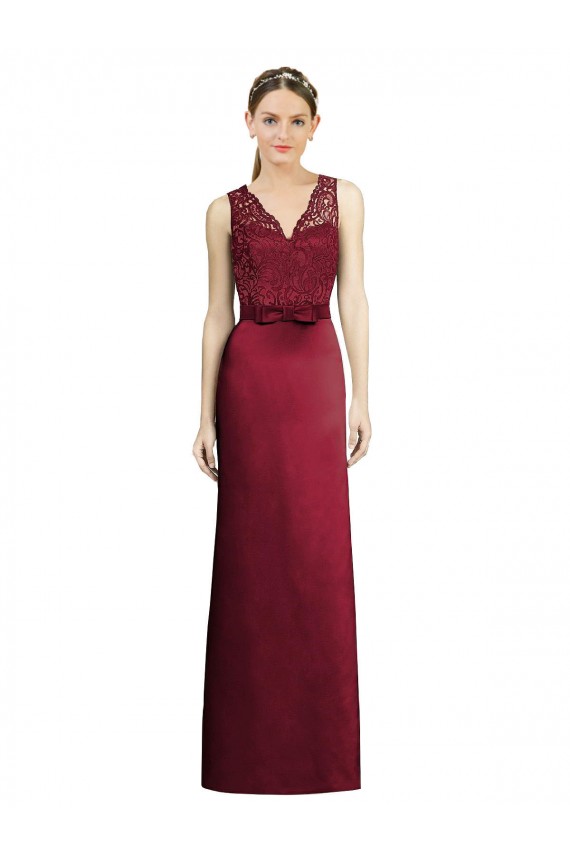 Outlet Bordeaux Trapèze Col V Satiné Dentelle Longue Robes demoiselle d'honneur