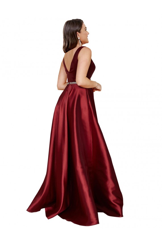 Outlet Bordeaux Trapèze Col V Satiné Longue Formelles Robes demoiselle d'honneur / Robes de soirée / Robes de bal