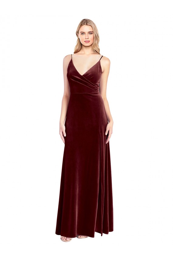 Outlet Bordeaux Trapèze Col V Velours Stretch Longue Robes demoiselle d'honneur / Robes de bal