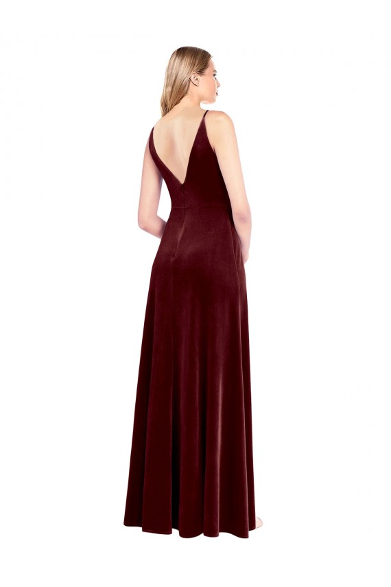 Outlet Bordeaux Trapèze Col V Velours Stretch Longue Robes demoiselle d'honneur / Robes de bal