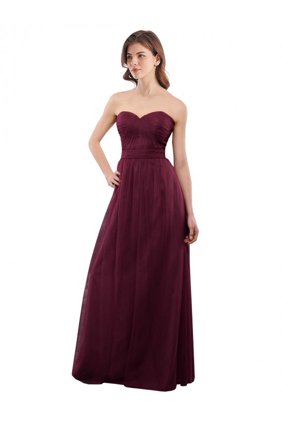 Outlet Bordeaux Trapèze Sans bretelle Tulle Longue Robes demoiselle d'honneur