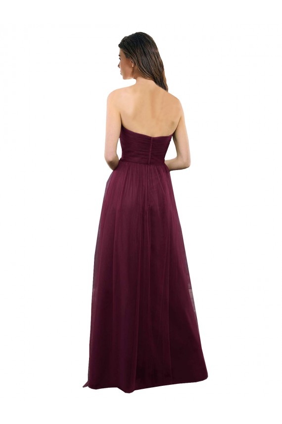 Outlet Bordeaux Trapèze Sans bretelle Tulle Longue Robes demoiselle d'honneur