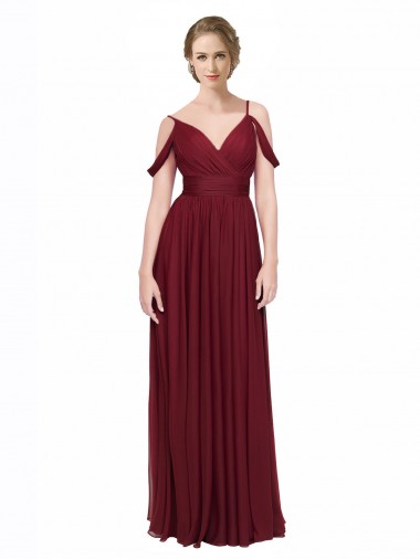 Outlet Bordeaux Trapèze Épaule Dénudée Bretelles spaghetti Mousseline Longue Robes demoiselle d'honneur