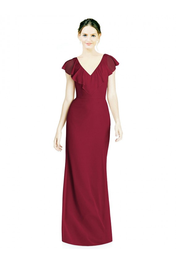 Outlet Bordeaux Trompette Col V Mousseline Longue Robes demoiselle d'honneur