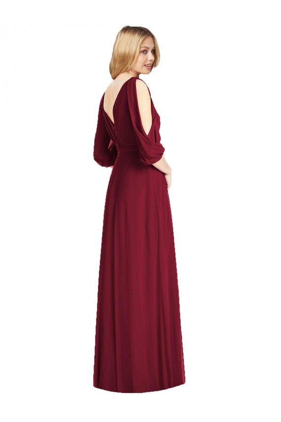 Outlet Bordeaux Trompette Col V Mousseline Longue Robes demoiselle d'honneur