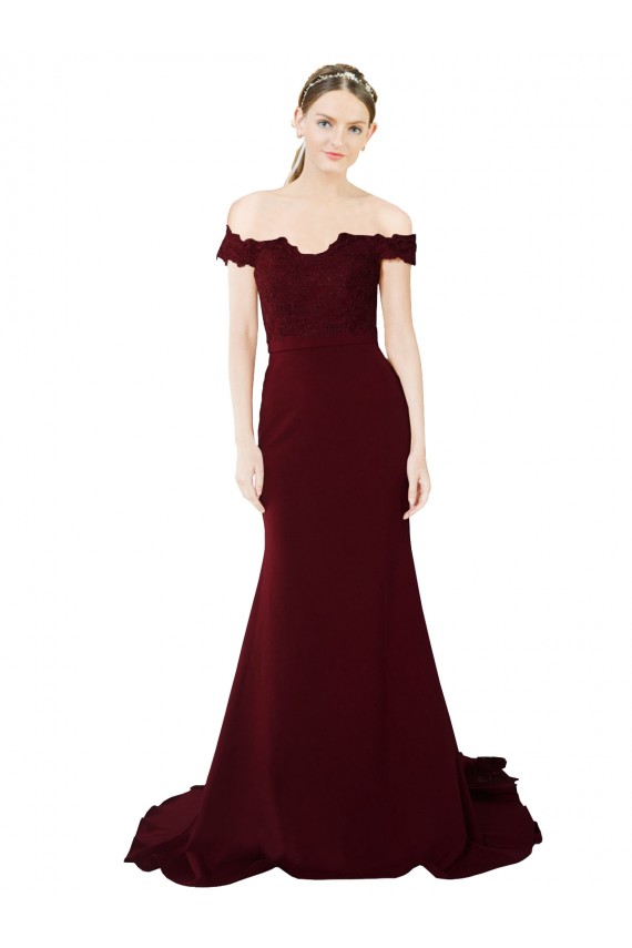 Outlet Bordeaux foncé Sirène Épaule Dénudée Balayage train Crêpe Stretch Dentelle Longue Formelles Robes demoiselle d'honneur / Robes de soirée / Robes de bal