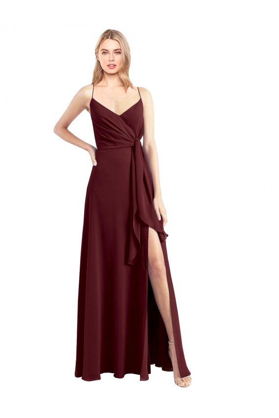 Outlet Bordeaux foncé Trapèze Bretelles spaghetti Col V Mousseline Longue Robes demoiselle d'honneur