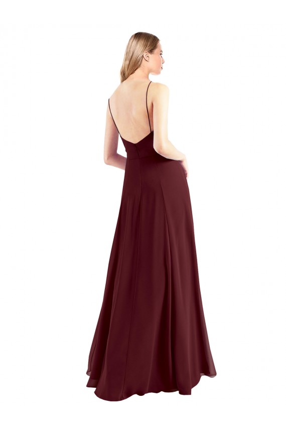 Outlet Bordeaux foncé Trapèze Bretelles spaghetti Col V Mousseline Longue Robes demoiselle d'honneur